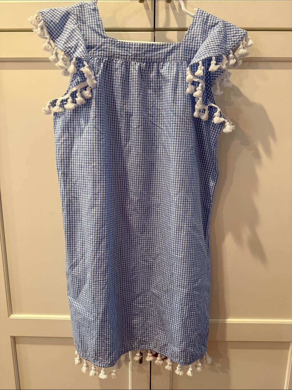 Sail to Sable Blue Gingham Kids Dress with White Tassel Trim